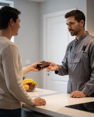 A customer hands cash to a heating repair technician in a modern kitchen with a fruit bowl and a closed door in the background.