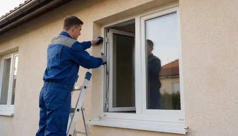 A technician in a blue uniform installs a white window on a stucco house facade using an aluminum ladder during the day.