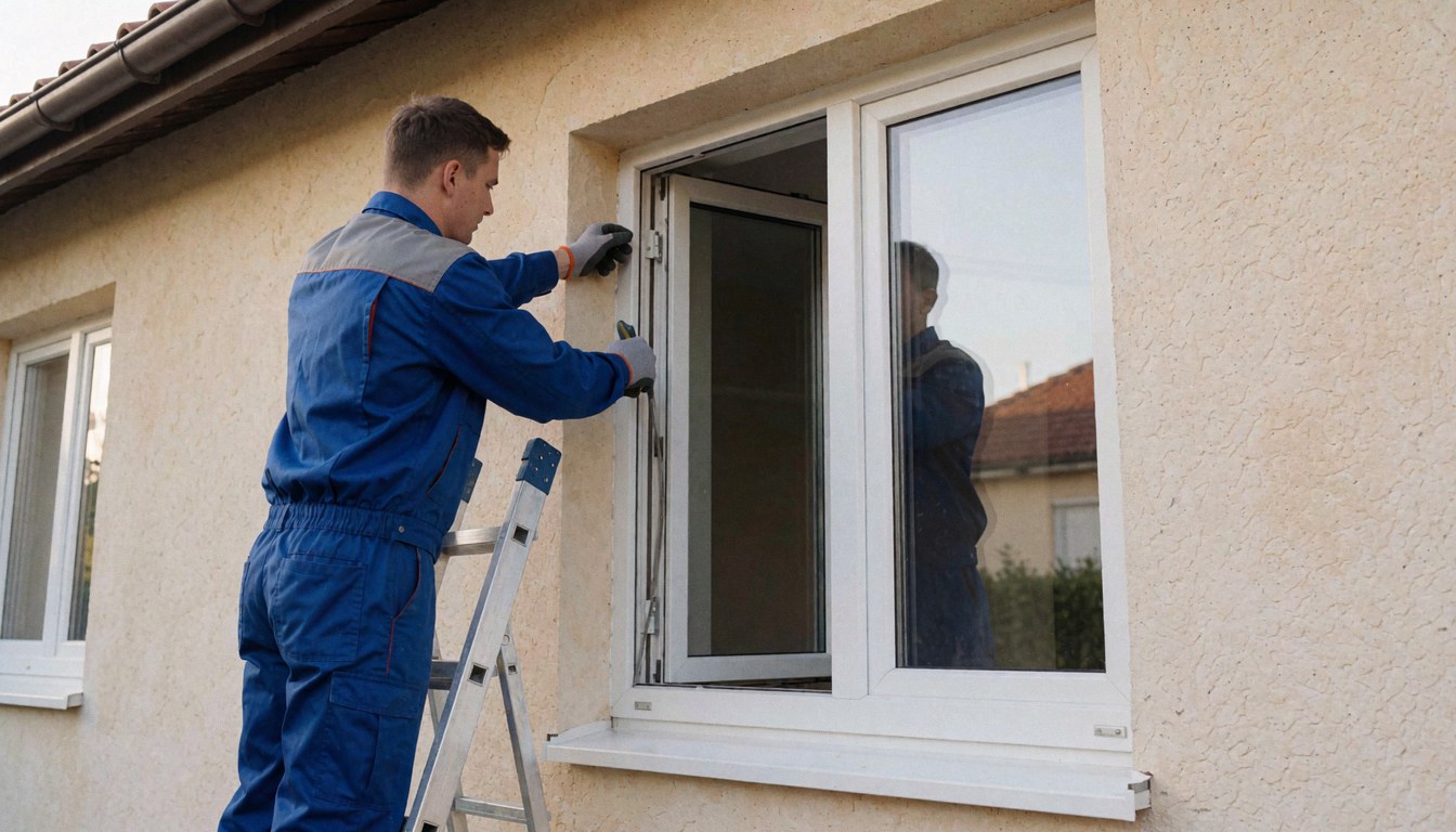 A technician in a blue uniform installs a white window on a stucco house facade using an aluminum ladder during the day.