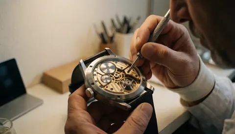 Close-up of a watchmaker using a precision tool to adjust the movement of a mechanical watch in a well-lit workshop.