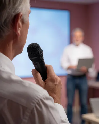 A person holding a wireless microphone on a professional stage with soft blue lighting and pink walls during an event presentation