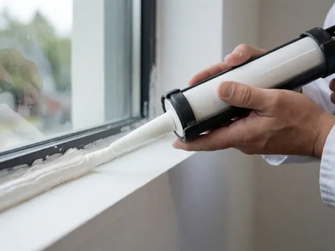 Close-up of hands applying white silicone sealant to a window frame with natural light, showing a detailed finish for construction and repair work