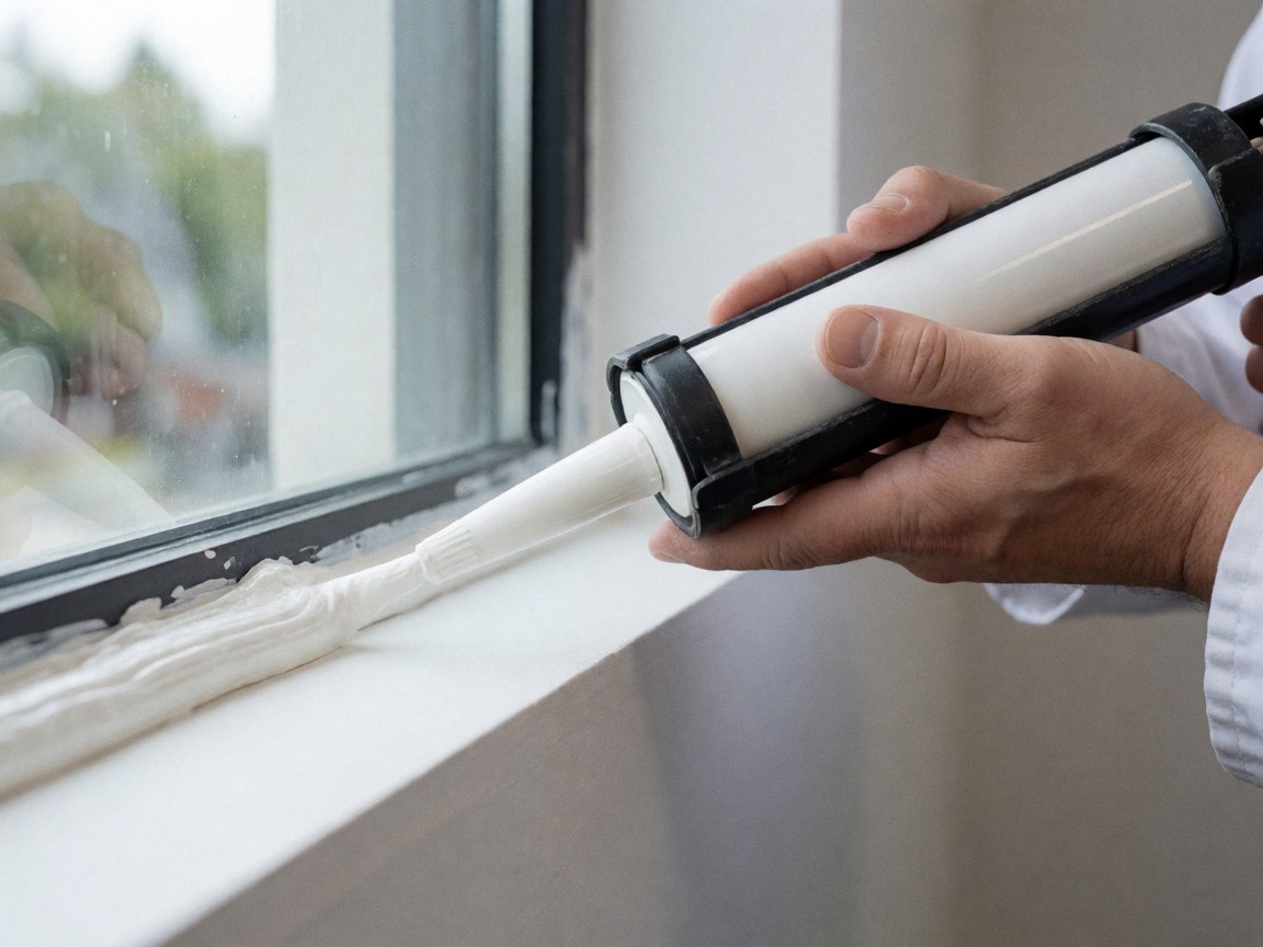 Close-up of hands applying white silicone sealant to a window frame with natural light, showing a detailed finish for construction and repair work