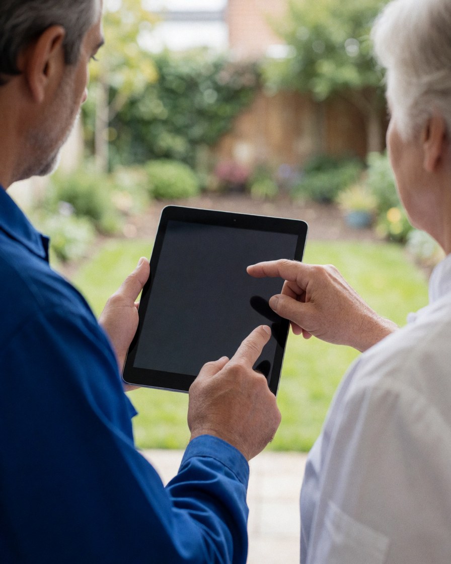 A pool installer displays blueprints on a tablet to a customer in a garden with a blurred background.