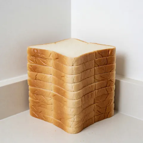 Uniformly sliced fresh white bread stacked on a white countertop with white walls, ideal for bakery product displays.