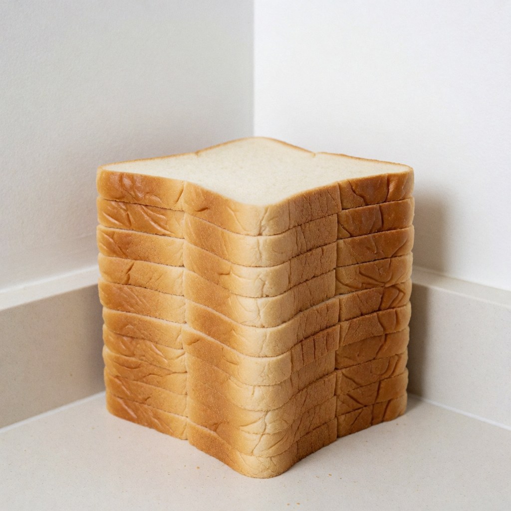 Uniformly sliced fresh white bread stacked on a white countertop with white walls, ideal for bakery product displays.