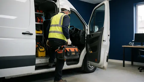 Roof repair technician wearing helmet and vest taking a tool case out of a white truck at a workshop with blue walls