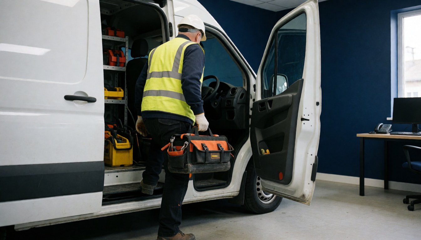Roof repair technician wearing helmet and vest taking a tool case out of a white truck at a workshop with blue walls