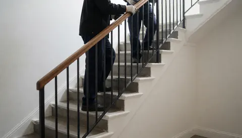 Worker repairing metal staircase handrail indoors with white walls