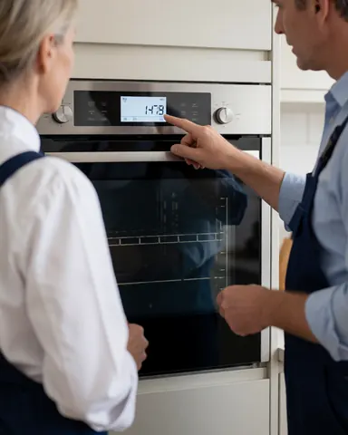Technician explains digital oven display to a client in a modern kitchen setting during a repair service call