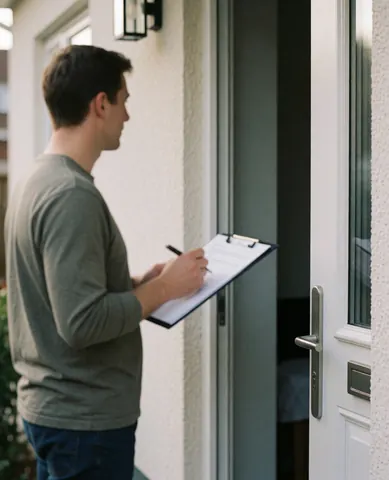 A person stands at the entrance of a house holding a clipboard and pen while reviewing a document, suitable for thermal insulation service marketing.