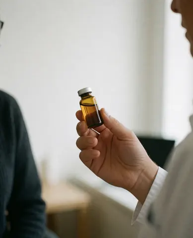 Close-up of a hand holding a small amber glass vial with dropper, used for homeopathic remedies.