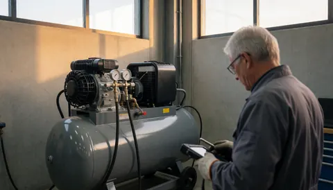 A welder operates an industrial compressor inside an auto body workshop with sunset light and concrete walls