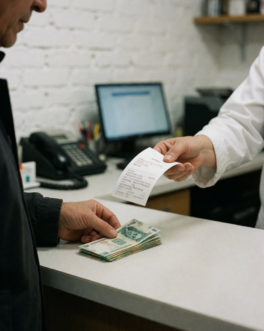 A hand holding a receipt and cash in a copy center with a white brick wall background