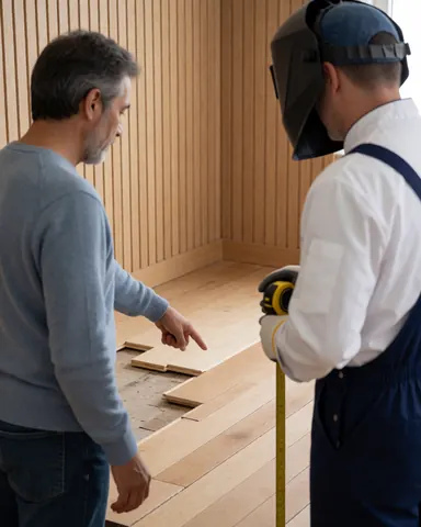 A homeowner points to a section of wood flooring while a flooring installer measures the area with a tape measure during a home repair project.