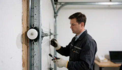 A technician adjusting a white roller on a vertical metal guide inside a garage with white walls