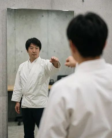 Martial arts instructor teaching a student a technique in a gym with a mirror, concrete wall, and white gi.