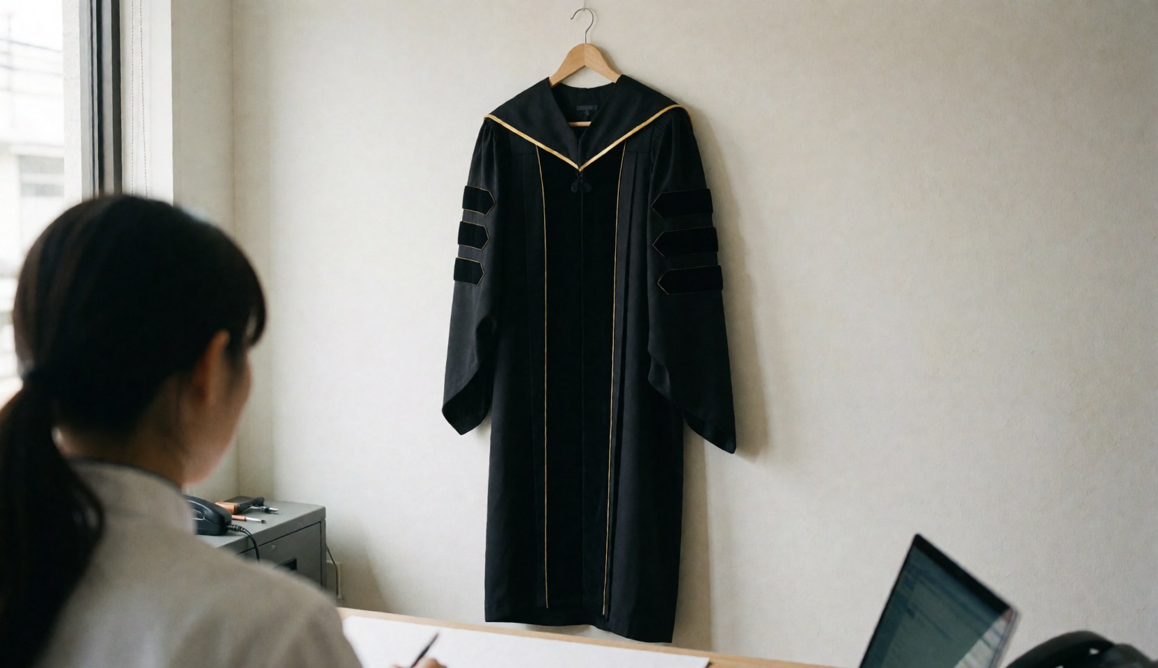 Black graduation gown with gold trim hanging on a white wall while a person works at a desk with a laptop