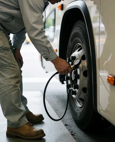 Technician inspecting tire pressure with a gauge in a clean workshop