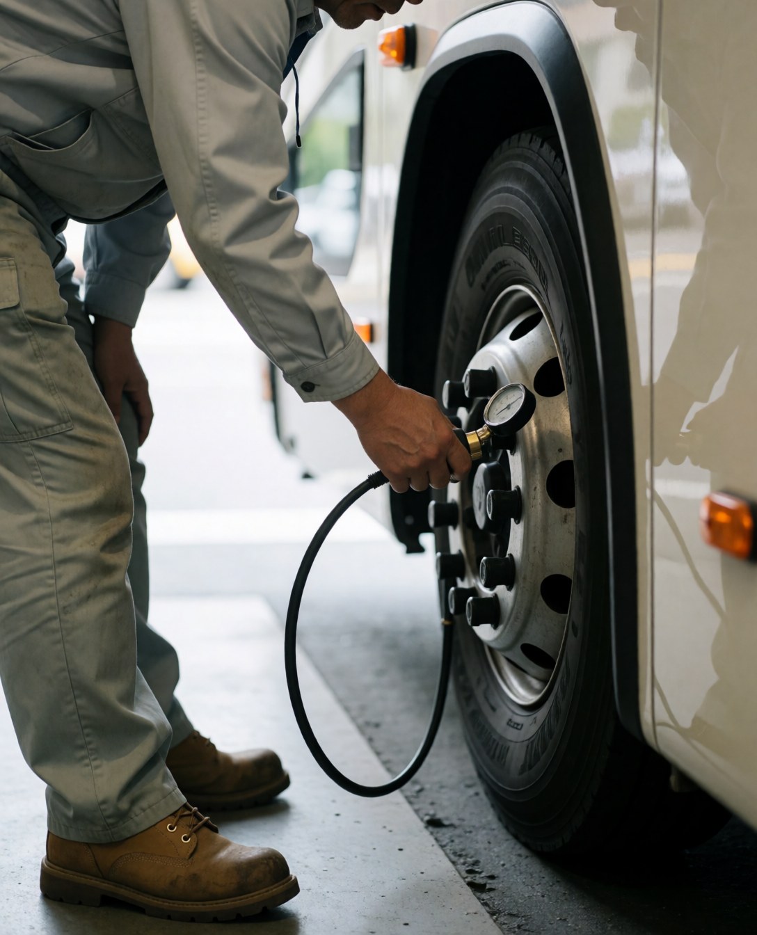 Technician inspecting tire pressure with a gauge in a clean workshop