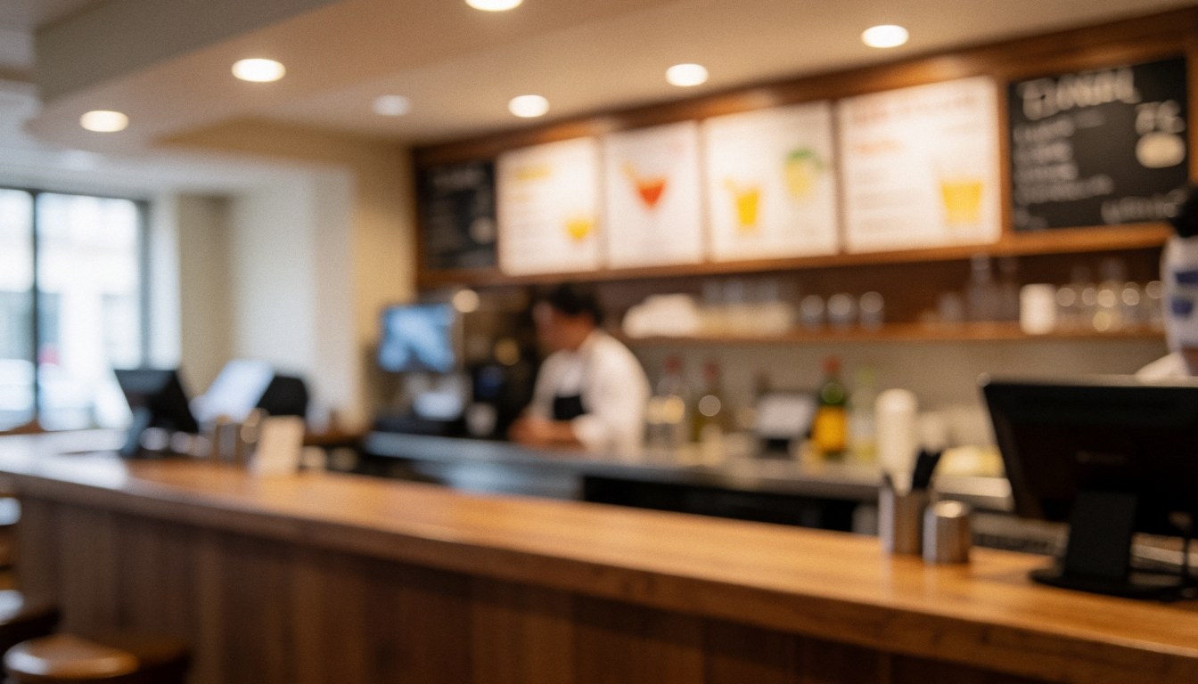 Blurred wooden bar counter with drinks on shelves and staff serving, warm lighting, ideal text background for tango classes
