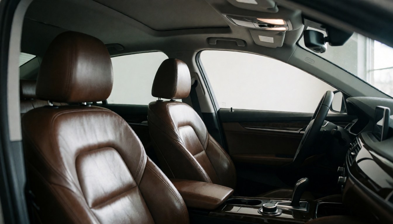 Close-up of polished brown leather car seats, clean dashboard, and natural light highlighting the interior details.