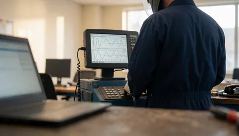 Tv repair technician in dark blue uniform observing diagnostic waves on a monitor in a workshop with warm lighting and professional equipment