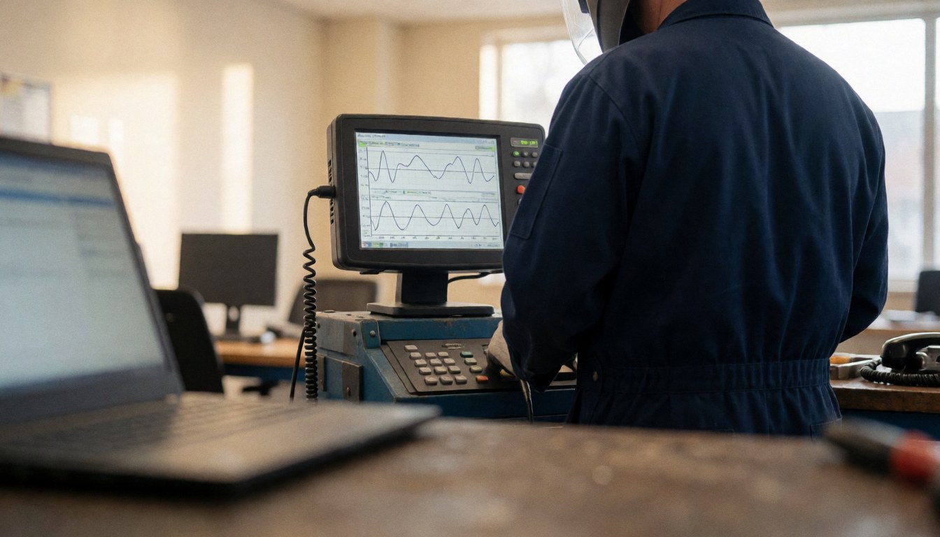 Tv repair technician in dark blue uniform observing diagnostic waves on a monitor in a workshop with warm lighting and professional equipment