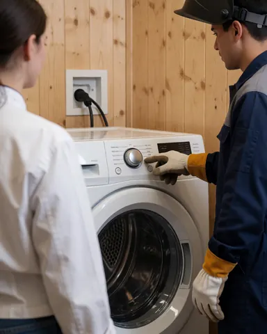 Technician wearing gloves checks dryer panel while client observes nearby