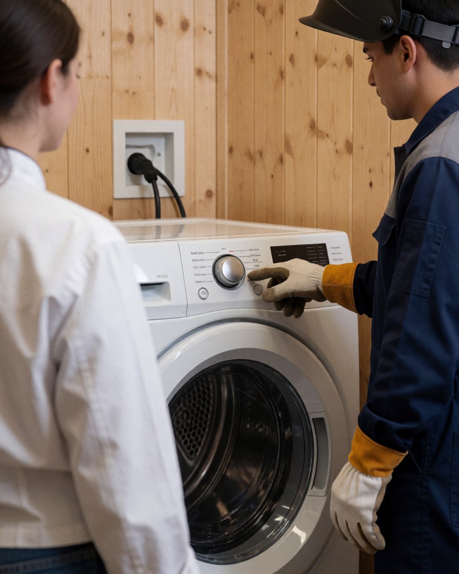 Technician wearing gloves checks dryer panel while client observes nearby