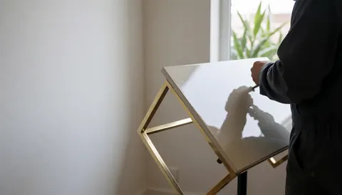 Person working on furniture restoration with a glossy finish and bronze structure, white wall and natural light.