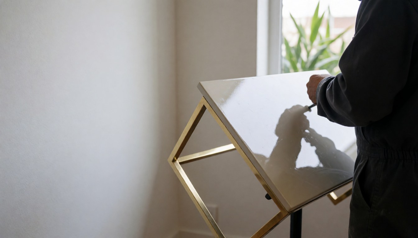Person working on furniture restoration with a glossy finish and bronze structure, white wall and natural light.