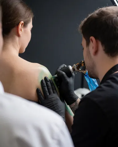 Tattoo artist wearing black gloves uses a machine to apply a tattoo on a client's back against a charcoal gray wall with green paper