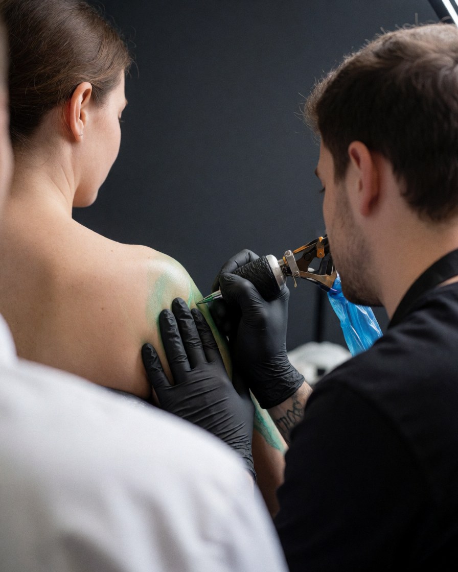 Tattoo artist wearing black gloves uses a machine to apply a tattoo on a client's back against a charcoal gray wall with green paper