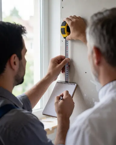 Kitchen installer measures drywall with a tape measure while a client observes nearby in natural light.