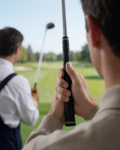 A golf instructor stands beside a happy client holding a driver on a green course, viewed from behind during a swing