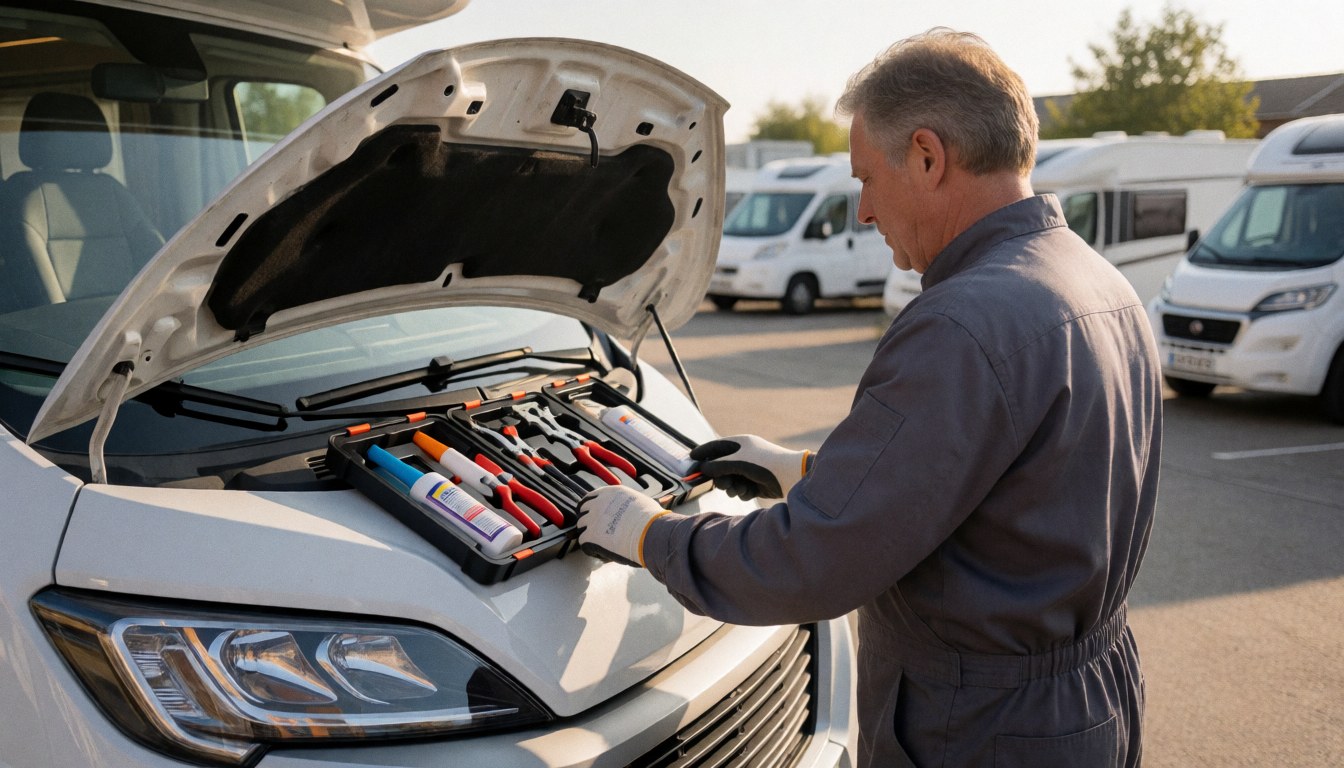 Technician in uniform checking a leak repair kit on the open hood of a white motorhome at an outdoor workshop.