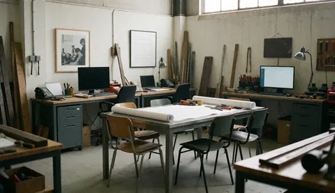 Blueprint table with chairs in industrial workshop, featuring plans, tools, and screens, ideal for technical consultations.