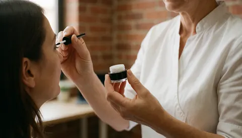 A stylist applies gel to a client's eyelashes in a salon with a brick background and warm lighting