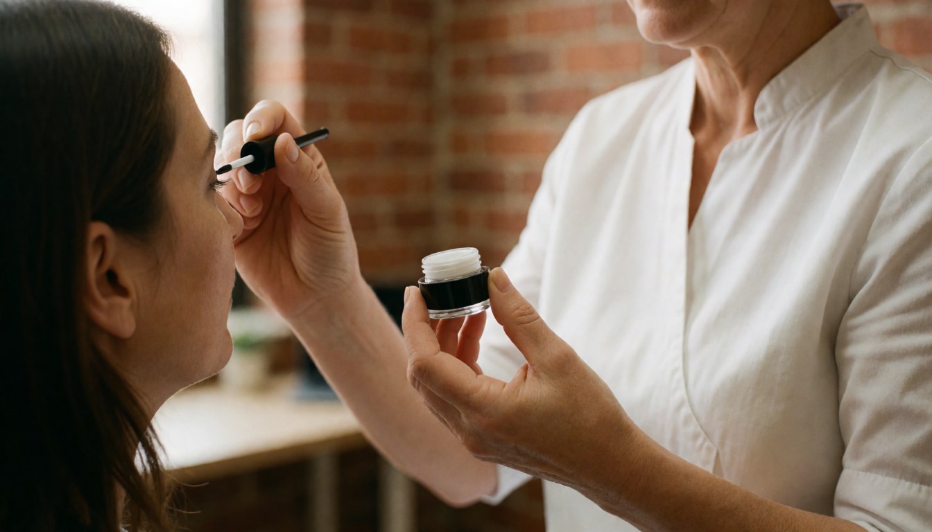 A stylist applies gel to a client's eyelashes in a salon with a brick background and warm lighting