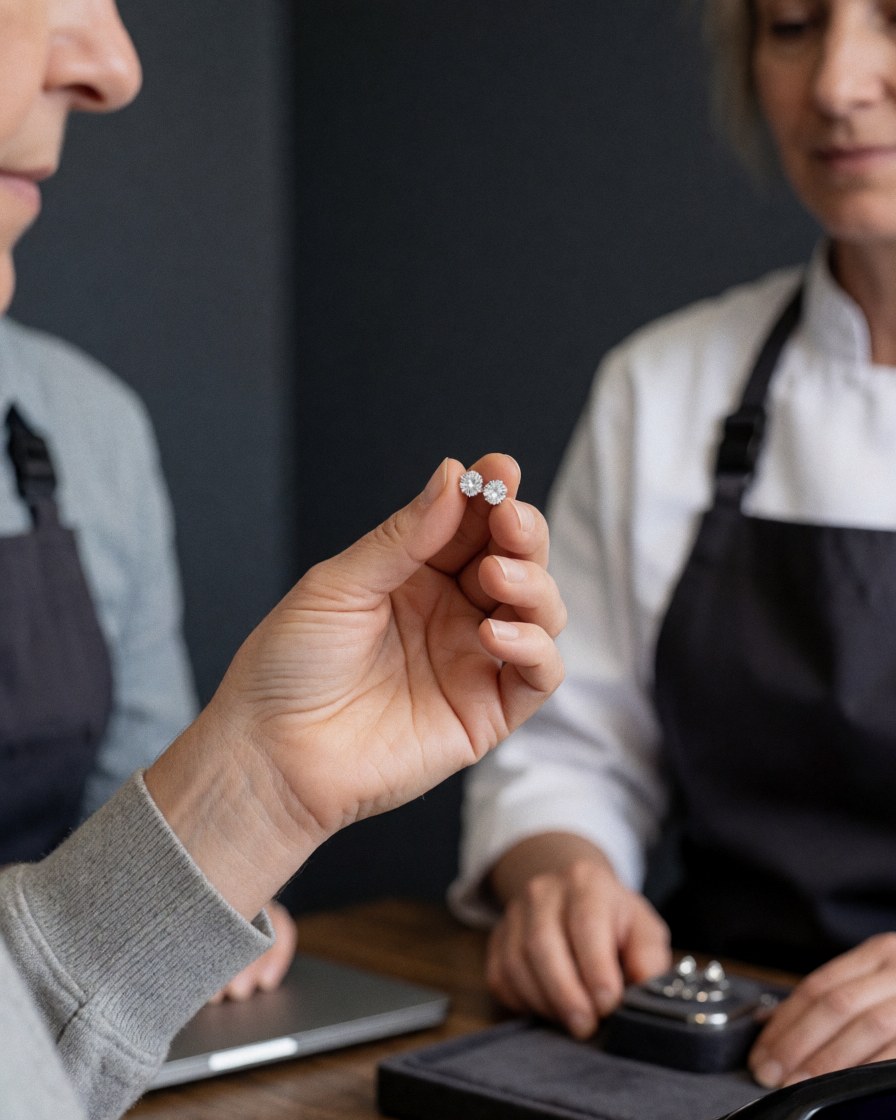 Close-up of a hand holding diamond earrings, showcasing the jewelry detail.