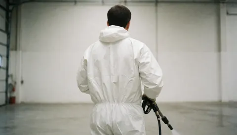 Industrial worker in white suit using pressure washer to clean concrete floor in large white-walled space