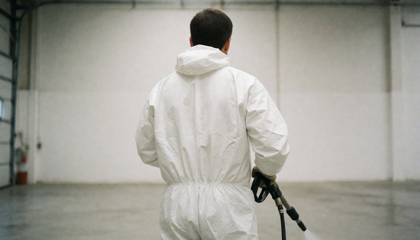 Industrial worker in white suit using pressure washer to clean concrete floor in large white-walled space