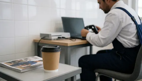 Coffee cup and magazine on a table with a video game console in the background at a repair shop