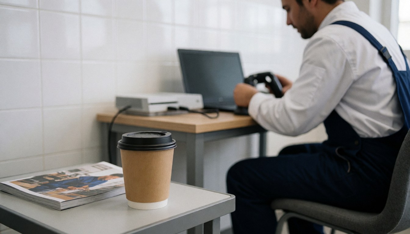 Coffee cup and magazine on a table with a video game console in the background at a repair shop