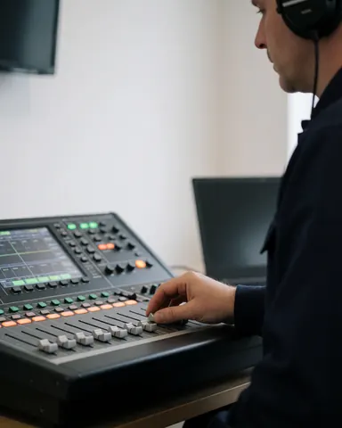 Close-up of hands adjusting faders on a digital audio mixer in a modern entertainment center with white walls and soft lighting