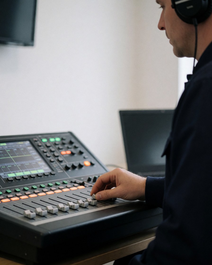 Close-up of hands adjusting faders on a digital audio mixer in a modern entertainment center with white walls and soft lighting