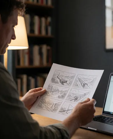 client reviewing aerial flight drawings at a desk with a laptop
