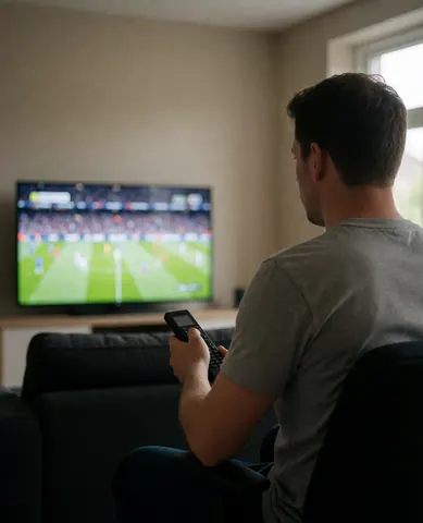 Man relaxing in living room watching clear football game on television with beige walls and dark furniture