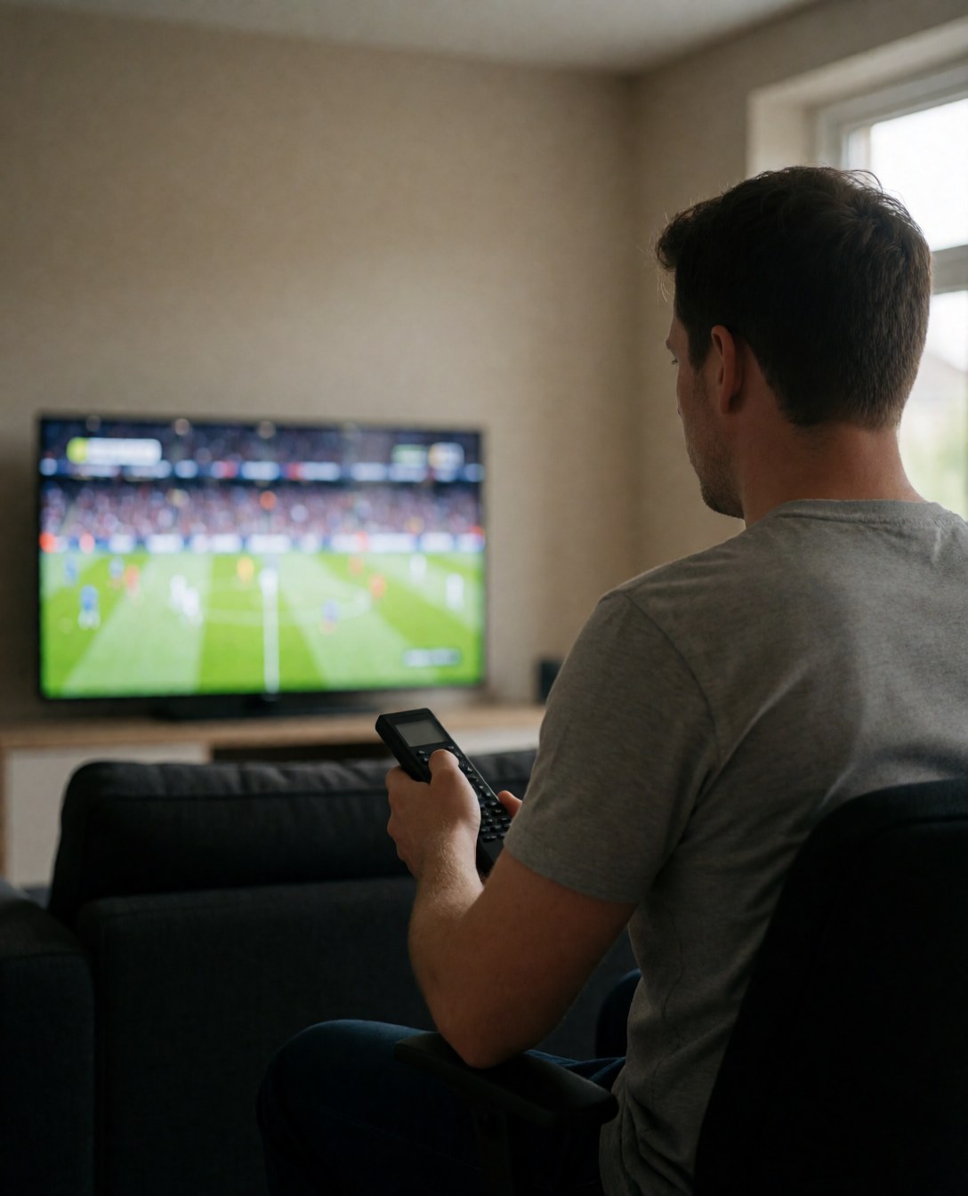 Man relaxing in living room watching clear football game on television with beige walls and dark furniture